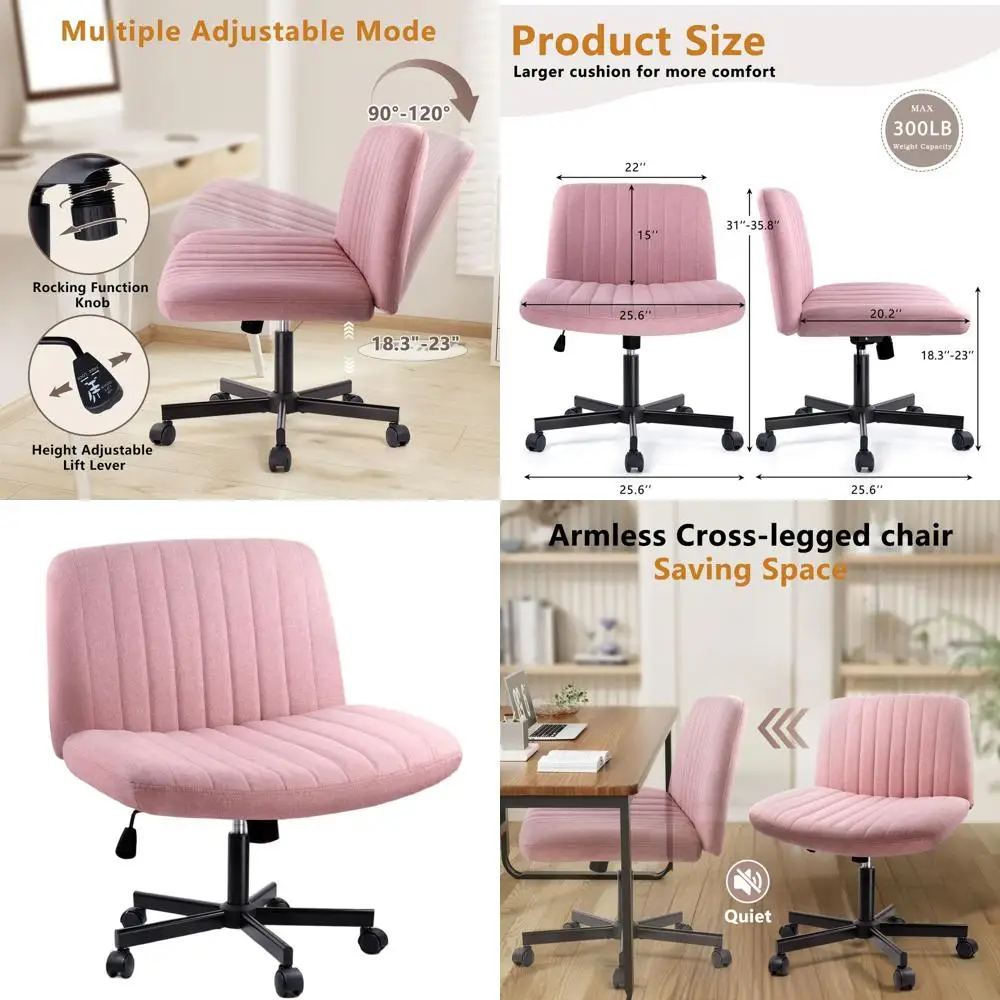 

Pink Fabric Swivel Vanity Chair with Adjustable Height and Wheels, Armless Desk Chair for Home Office