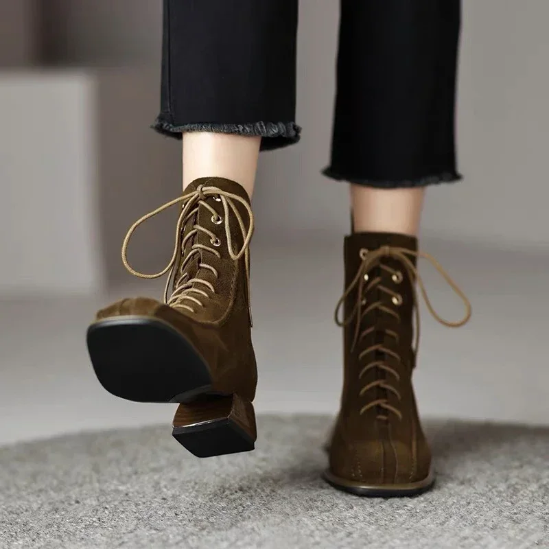 2023 New Square Toe Thick Heel Everything Temperament Fashion Boots Ankle Boots Small Fragrance Stretch Slim Boots