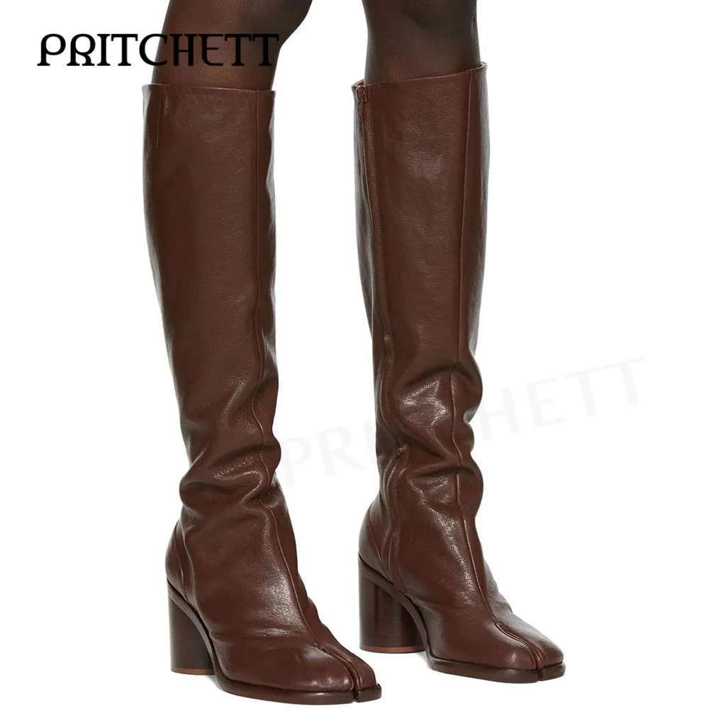 Tan Tabi Tall Boots Wood Grain Round Heel High Heel Knee High Boots Side Zipper Stylish Banquet Multicolor Women's Boots