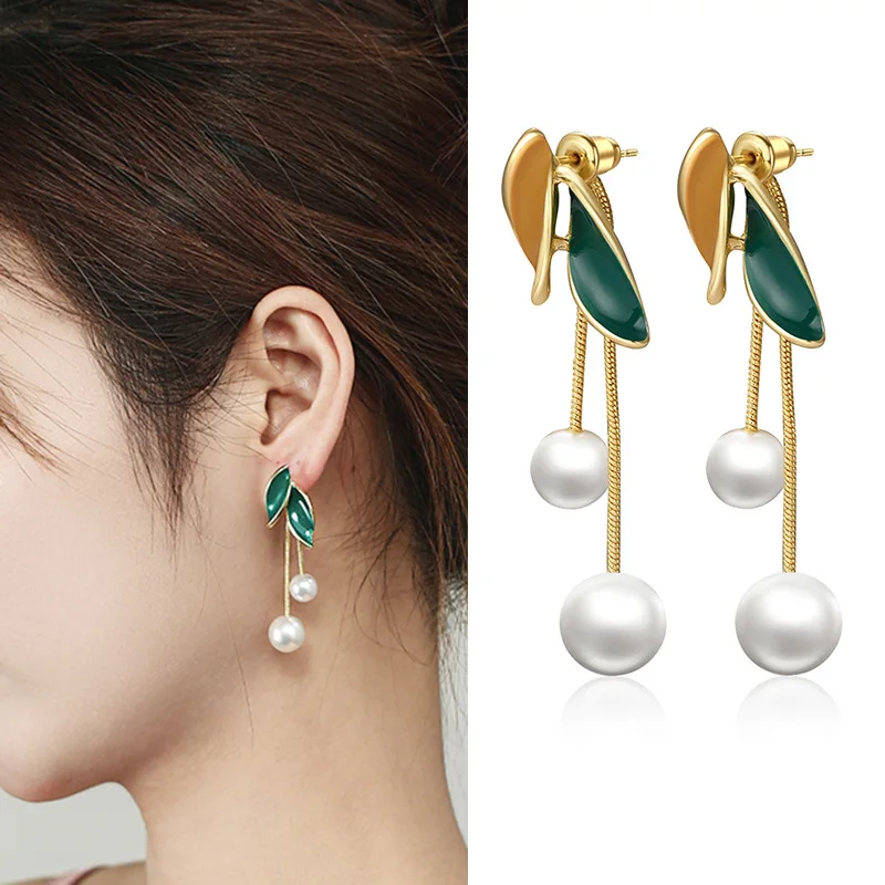 New Green Leaf Long Pearl Tassel Earrings For Women Jewelry Korean Fresh Elegant Fairy Drop Earrings Party 2023 Trending New