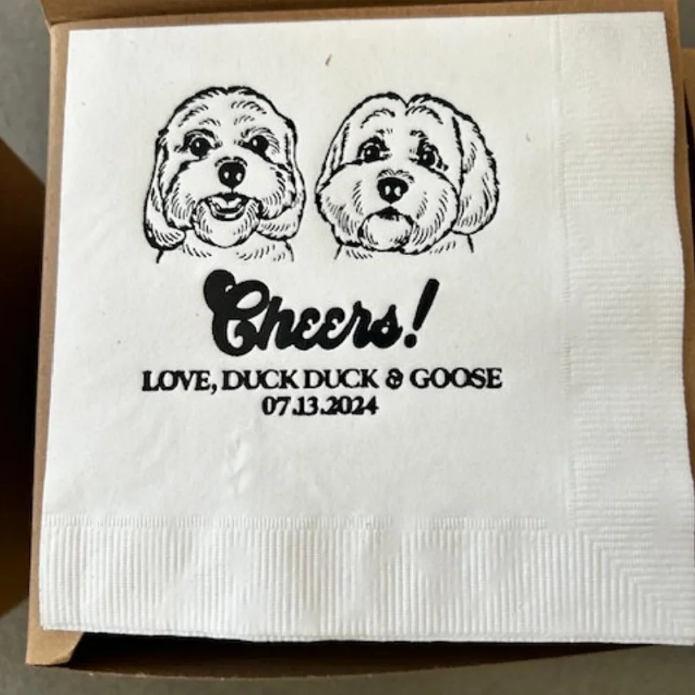 50Pcs Personalized Illustrated Dog Wedding Cocktail Napkins- Party Reception Rehearsal Dinner | Custom Pet Napkins,Anniversary