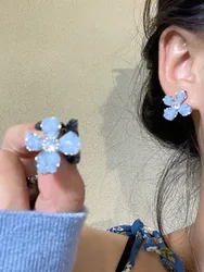 Acrylic Zircon Crystal Flower Earrings Blue Natural Stone Gray Women Earring KPOP Jewelry Trendy Jewelry Gift