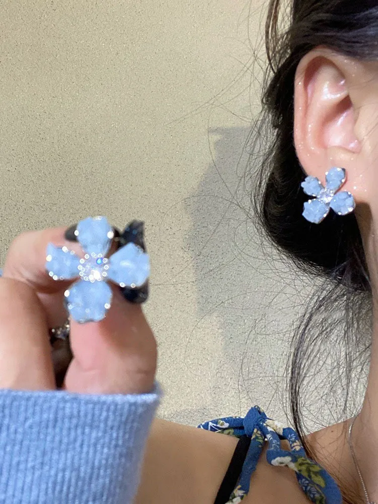 Acrylic Zircon Crystal Flower Earrings Blue Natural Stone Gray Women Earring KPOP Jewelry Trendy Jewelry Gift