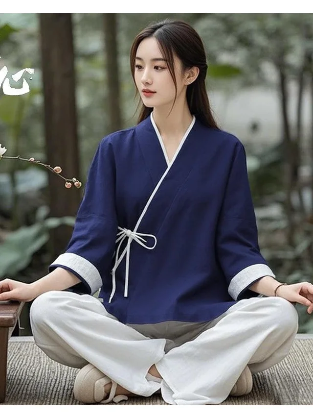 

Women's Cotton Linen V-neck Belted Top Bottoms Hanfu Meditation Zen Suit Two-piece Set Spring Summer Fashion Casual Wear