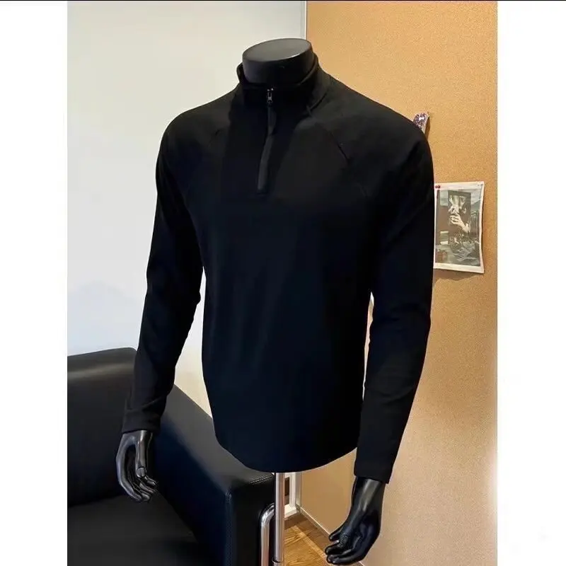 

Осенне-зимняя футболка с длинными рукавами на эластичной основе, двусторонняя повседневная спортивная футболка с рукавами реглан, половина молнии, воротник-стойка, простой