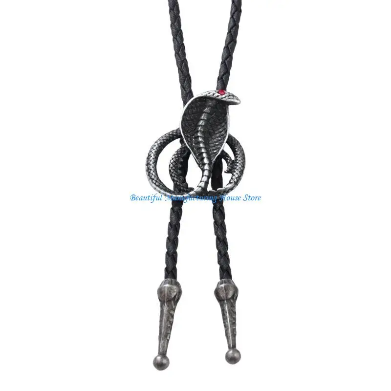 E56A Western Punk Bolo Tie Vintage Antiqued Metal Cobras Snake Pendant Shirt Chain Collar Necktie Faux Leather Rope Necklace