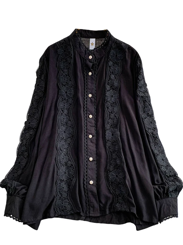 Retro Spitze Patchwork Stehkragen Laterne Sve irt Damen Herbst Anti-Aging Sanftes Blaues Top Court Sle Loose Fit Lang S...