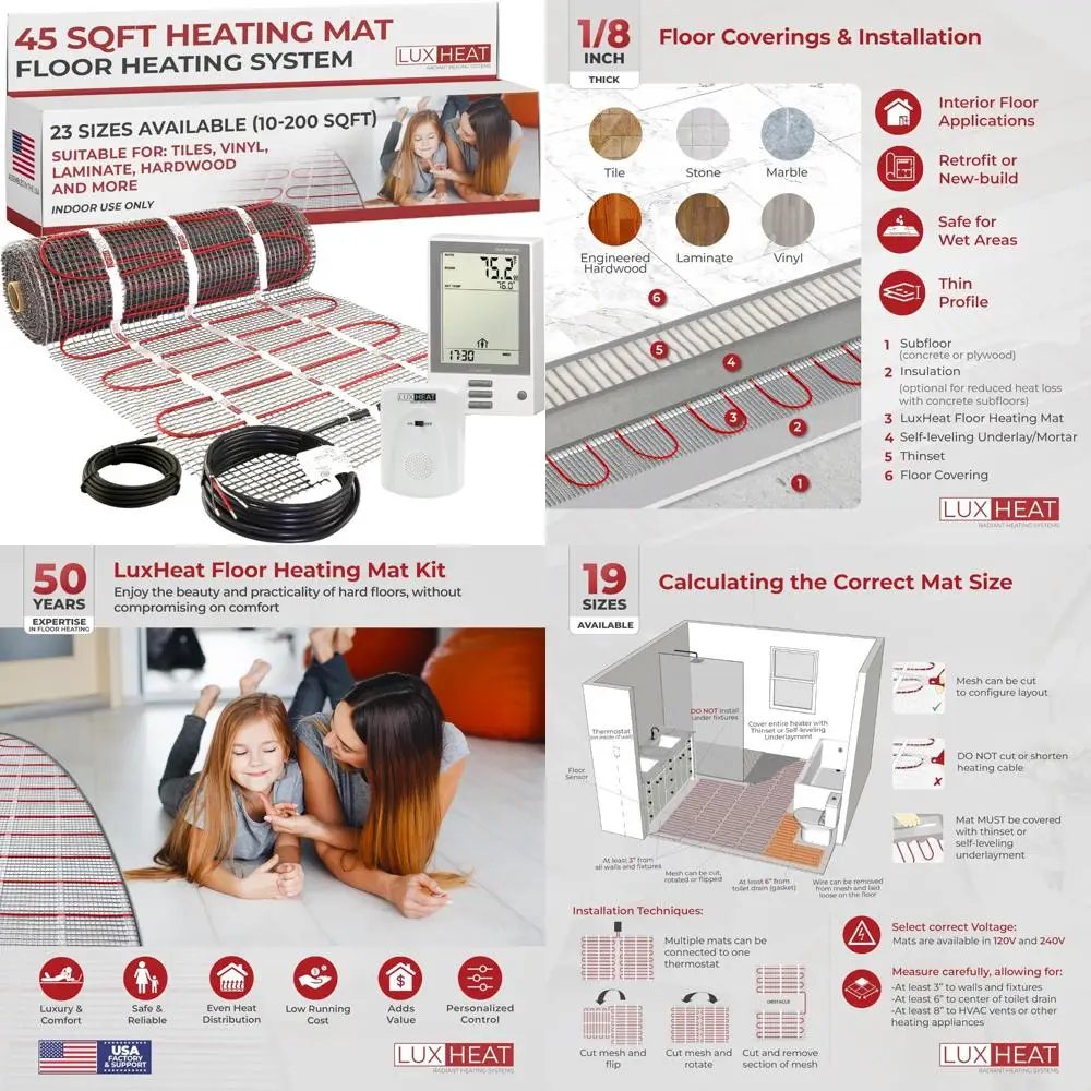 Electric Radiant Floor Heating System - 120V Under Tile Heating Mat for 45 Square Feet - Complete Kit for Warm Floors