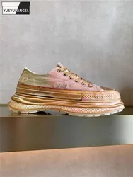 Fashion Women Lace Up Low Cut Thick Platform Canvas Shoes Round Toe Vintage Hole Ripped Casual Shoes Color Gradient Wedges Pumps