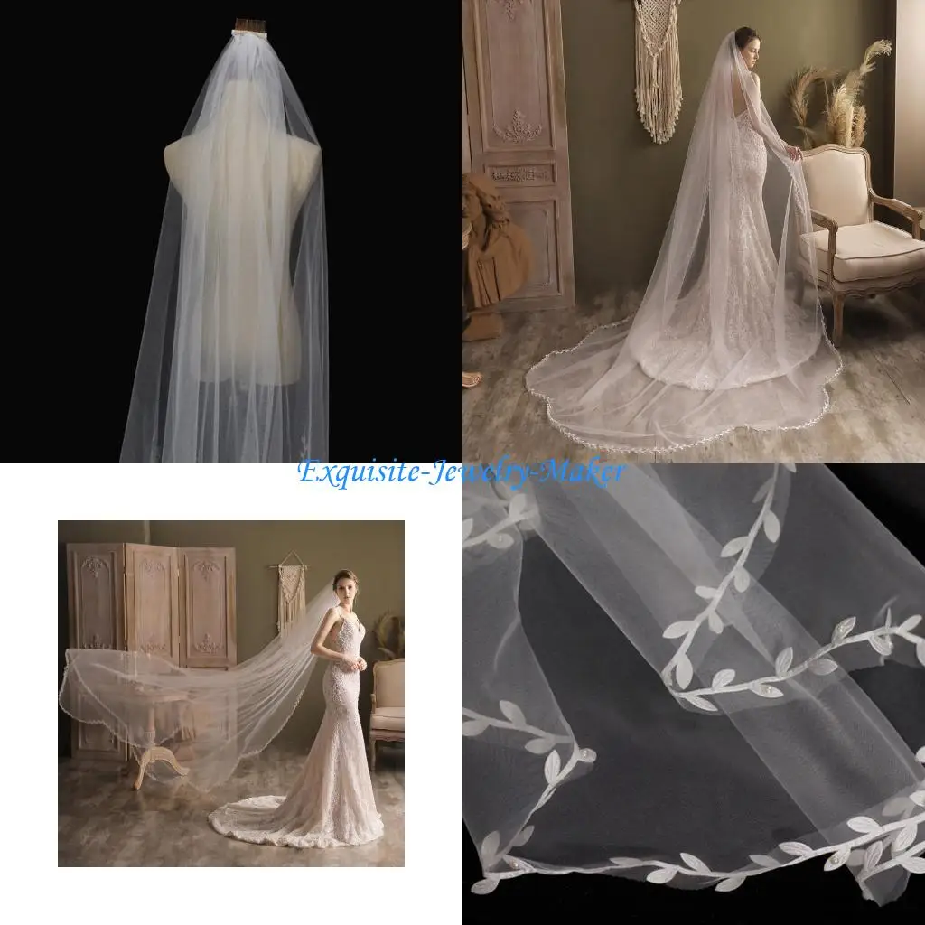 

24TF Bridal Veil with Comb Leaves Embroideries Trim Hair Accessories for Wedding Single Layer Sheer Tulle 118" Chapel Veils