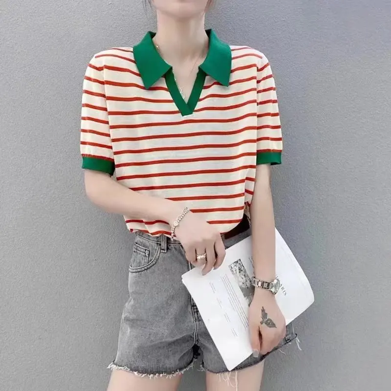 2024 Summer New Commuter Knitwear T-shirt Women\'s Ice Silk Breathable POLO Neckline Fashion Simple Short Sleeve Striped Top