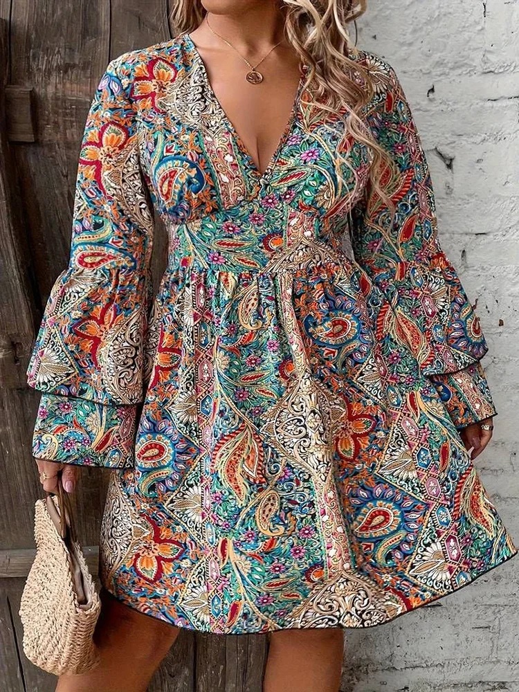 GIBSIE Plus Size Ethnic Style Print Boho Mini Dress Women Spring Autumn V-neck Layered Flare Sleeve A-Line Dresses 2024 New