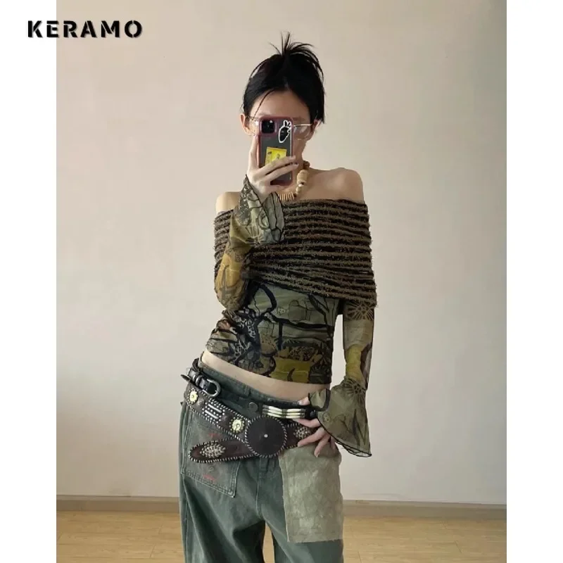 

2023 Winter Sexy Casual Print Long Sleeve Slash Neck T-Shirts Women's Fashion Hotsweet Club Style Sheath Coquette Tees Tops