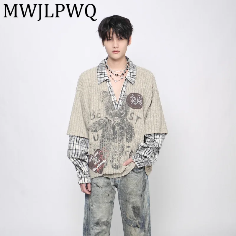 

MWJLPWQ American High Street Dark Style Graffiti V-Neck Long Sleeve T-Shirt Men's Trendy Fake Two-Piece Design Couple Tops 21749