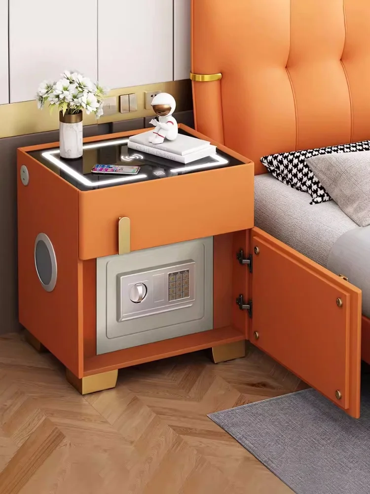 Solid Wood Bedside Table with Strongbox Modern Style Intelligent Bedroom Nightstand with Wireless Charging Side Storage Cabinet