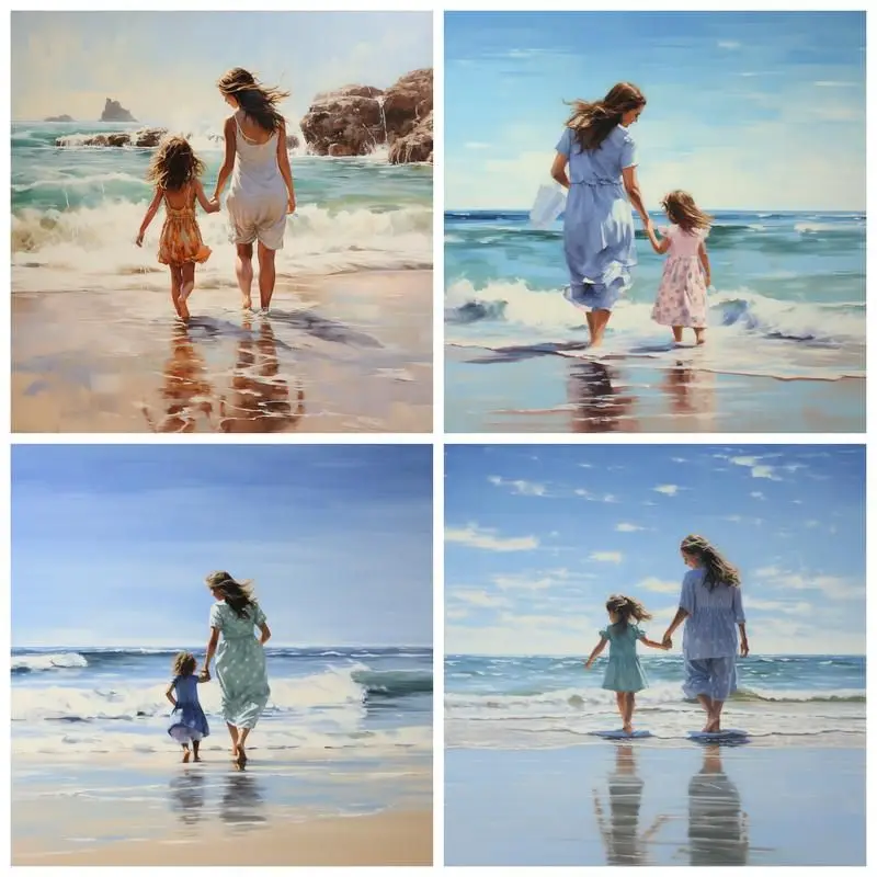 

CHENISTORY 5D DIY Diamond Painting Seaside Mother and Daughter Full Square Diamond Embroidery Mosaic Art Kits Home Decoration