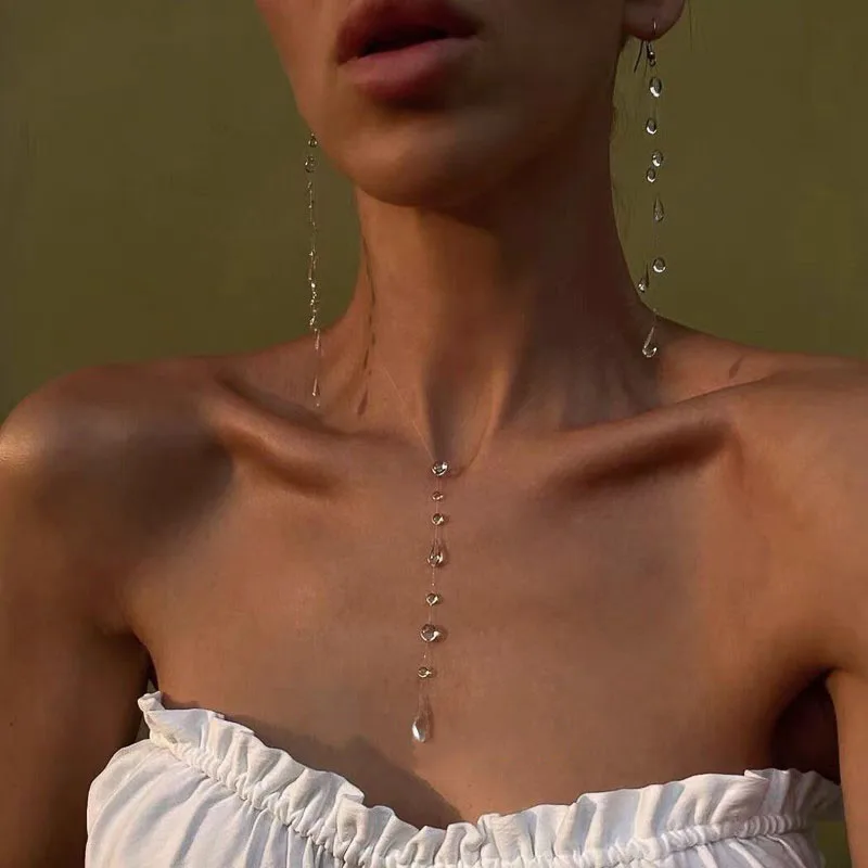 Niche Clear Dewdrop Glass Droplet Tassel Necklace Earrings Bracelet Minimalist Trendy Jewelry For Women Unique Gifts