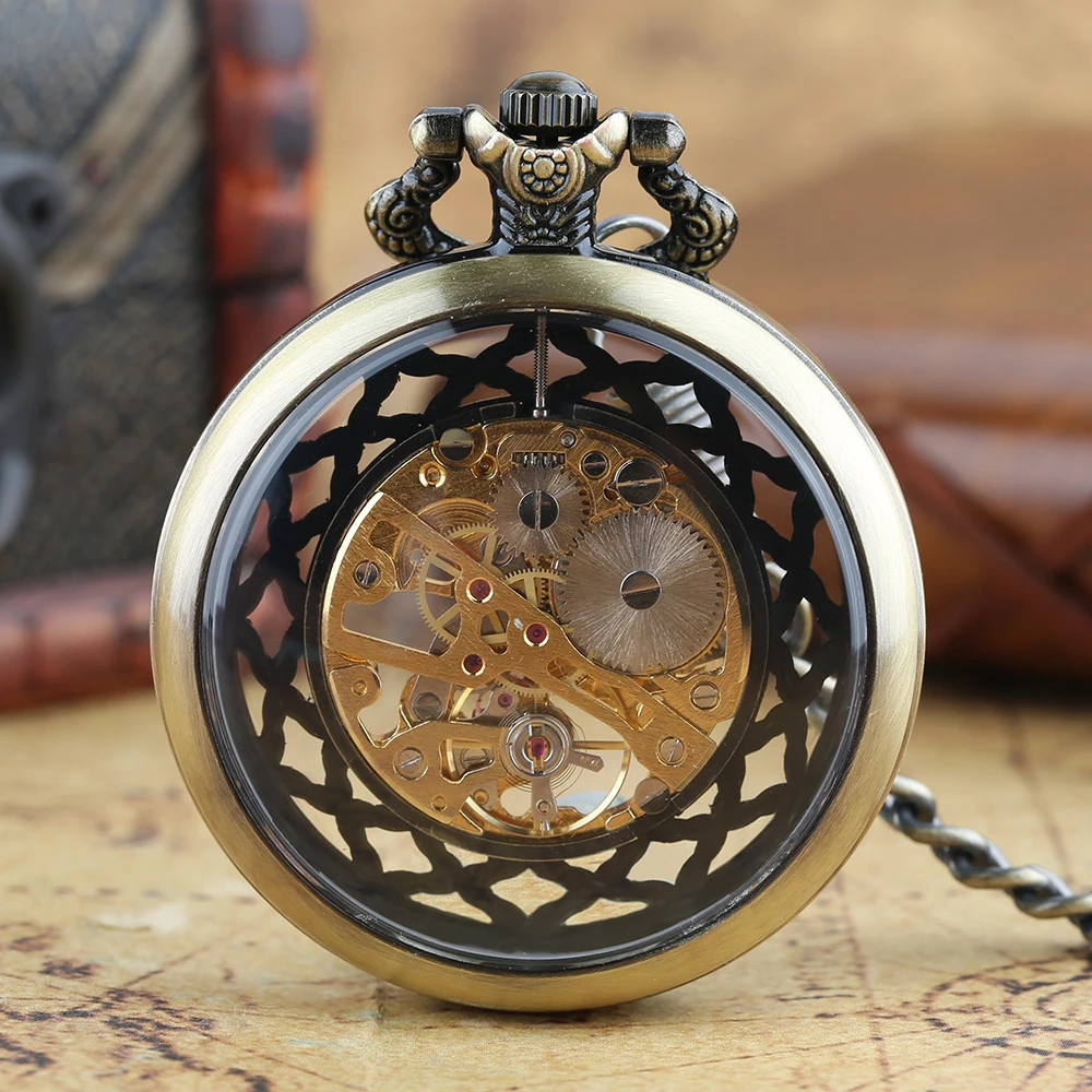 Steampunk Style Glass Transparent Hand Wind Mechanical Pocket Watch with Chain Hollow Design Men Watches Clock Gifts