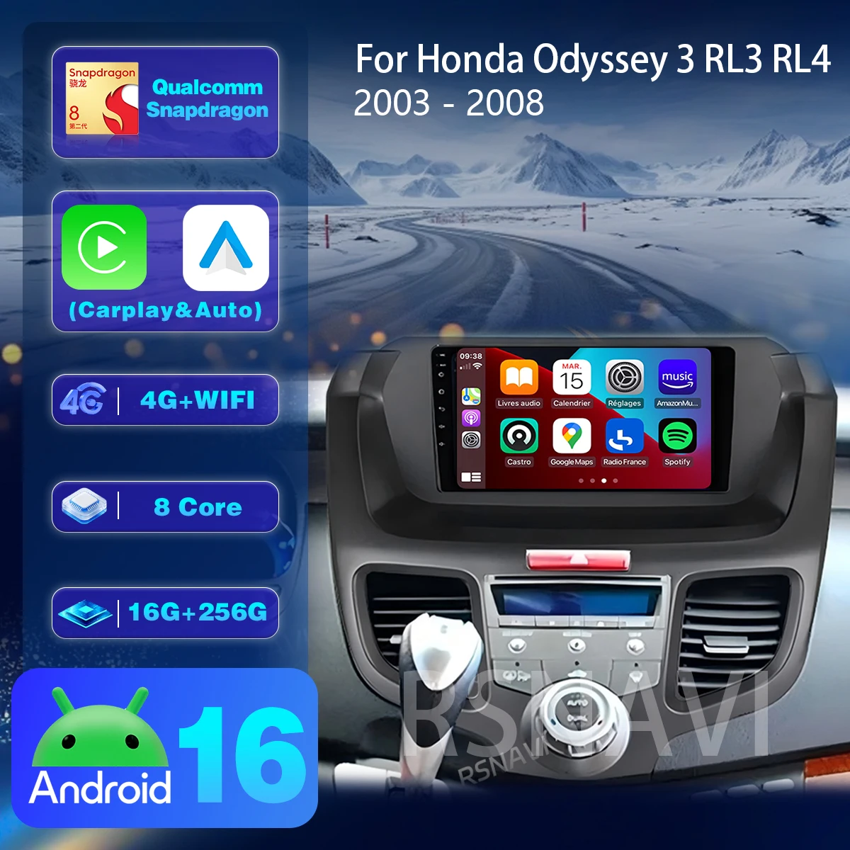 Автомагнитола RSNAVI Android 16 для Honda Odyssey RB1 2004-2008 с Carplay, Bluetooth, мультимедиа, видеоплеером и беспроводной навигацией