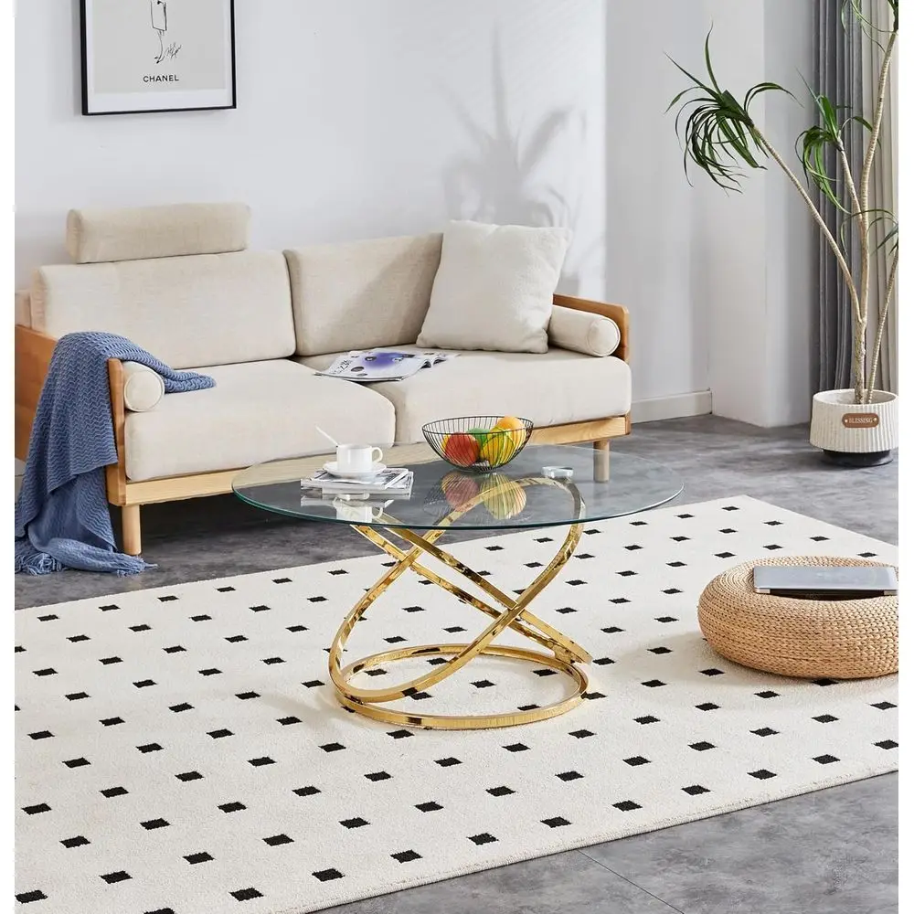 Modern 39.4 Round Glass Coffee Table with Gold Ring Frame for Living Room