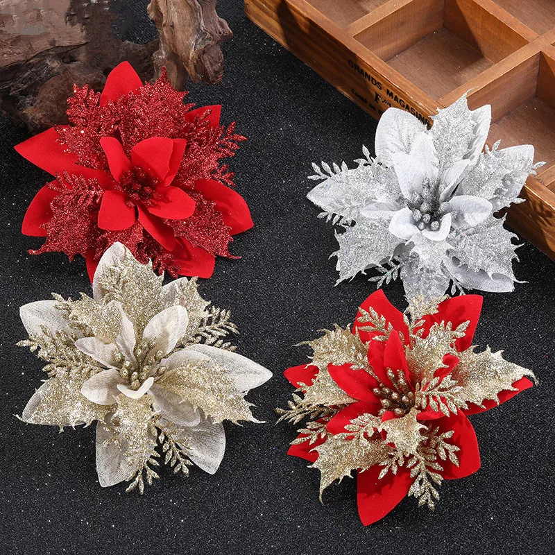 

10Pcs Christmas Flowers Glitter Artificial Poinsettia Floral Xmas Tree Ornaments Diy Garlands Home Wedding Party Decor New Year