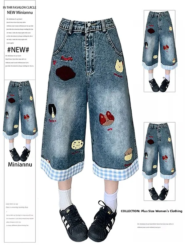 High Waist Seven-Foot Blue Jeans Women Summer Thin Style Student Meat Concealing Slim Cartoon Print Shorts-Mid Length Pants