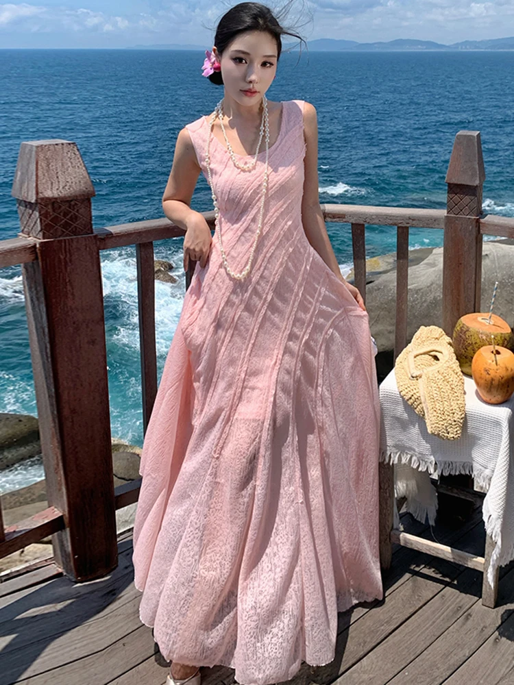 2025 Nuovo pizzo rosa jacquard chic fionda abito lungo sexy estate Boho elegante casual Holiady vestito da donna coreano aderente vestito da partito