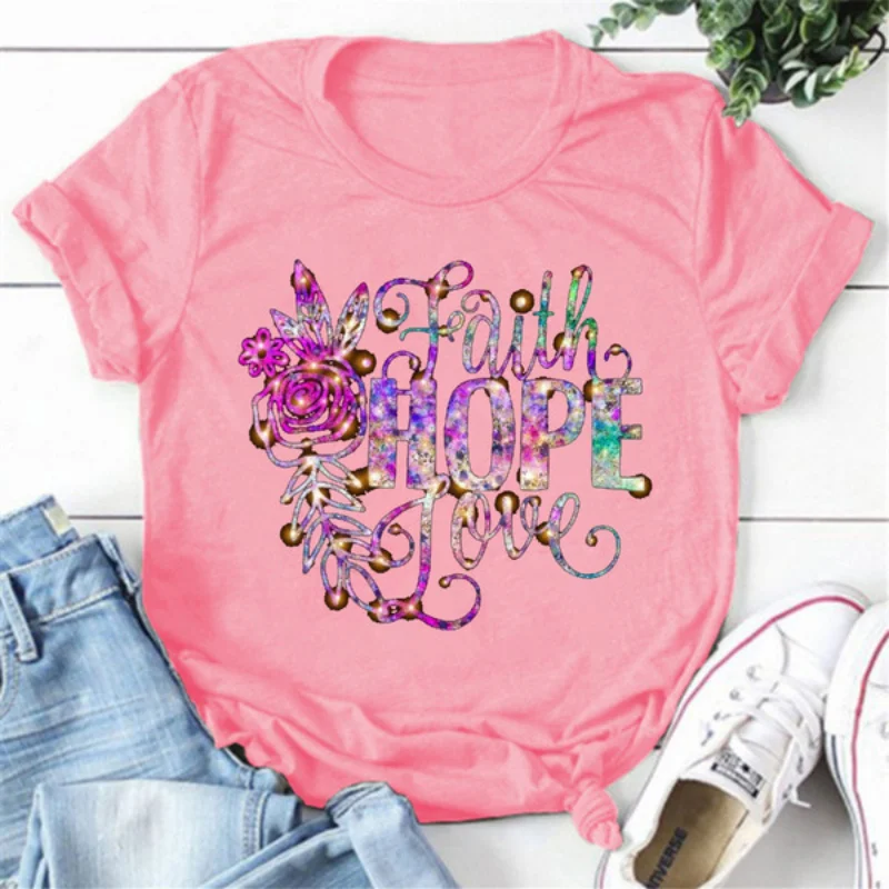 FAITH HOPE LOVE Purple Flower Print Women T Shirt Short Sleeve O Neck Loose Women Tshirt Ladies Tee Shirt Tops Camisetas Mujer