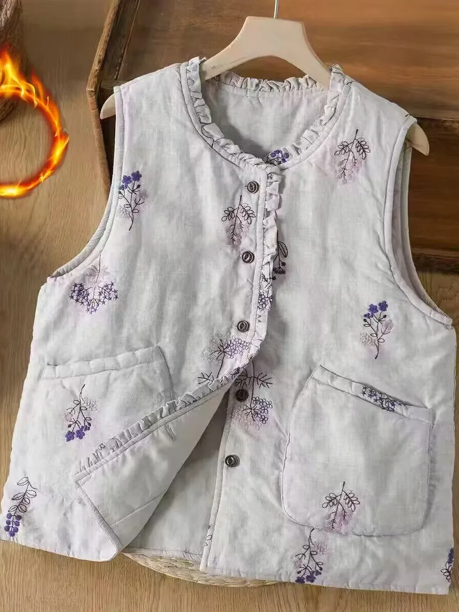 Warm Cotton Vest with Purple Flower Print And Wooden  Collar Brand Name Tailored Clothing for Women Thickened Winter Oute...
