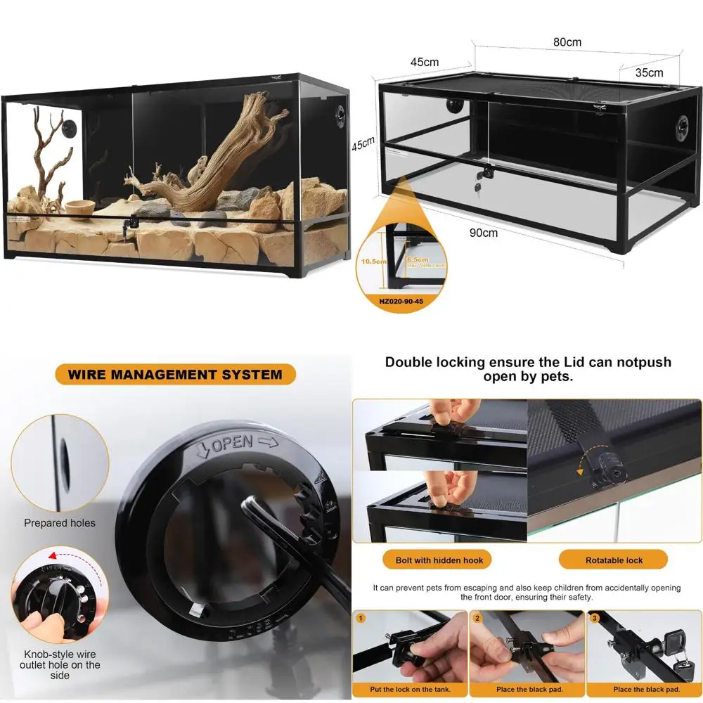 تررم زجاجي بفتحة أمامية للحرباء، مقاس 18 × 18 × 36 بوصة مع باب مفصلي مزدوج