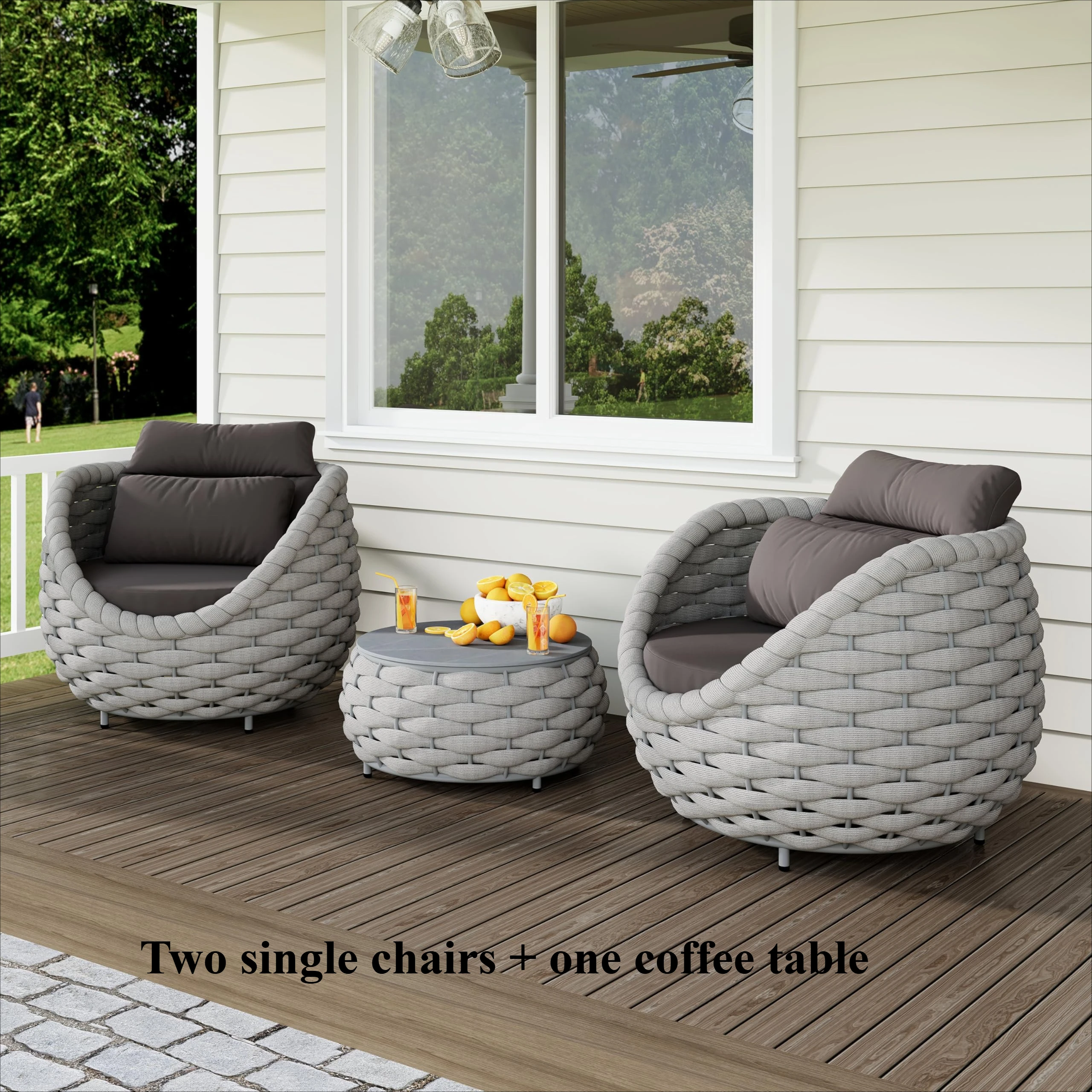 Tuinstoelenset van geweven touw, aluminium tuinmeubilair, 2-delige set met kussens, fauteuil en tafel, geschikt voor balkon, tuin, veranda, zwembadterras - afbeelding 1
