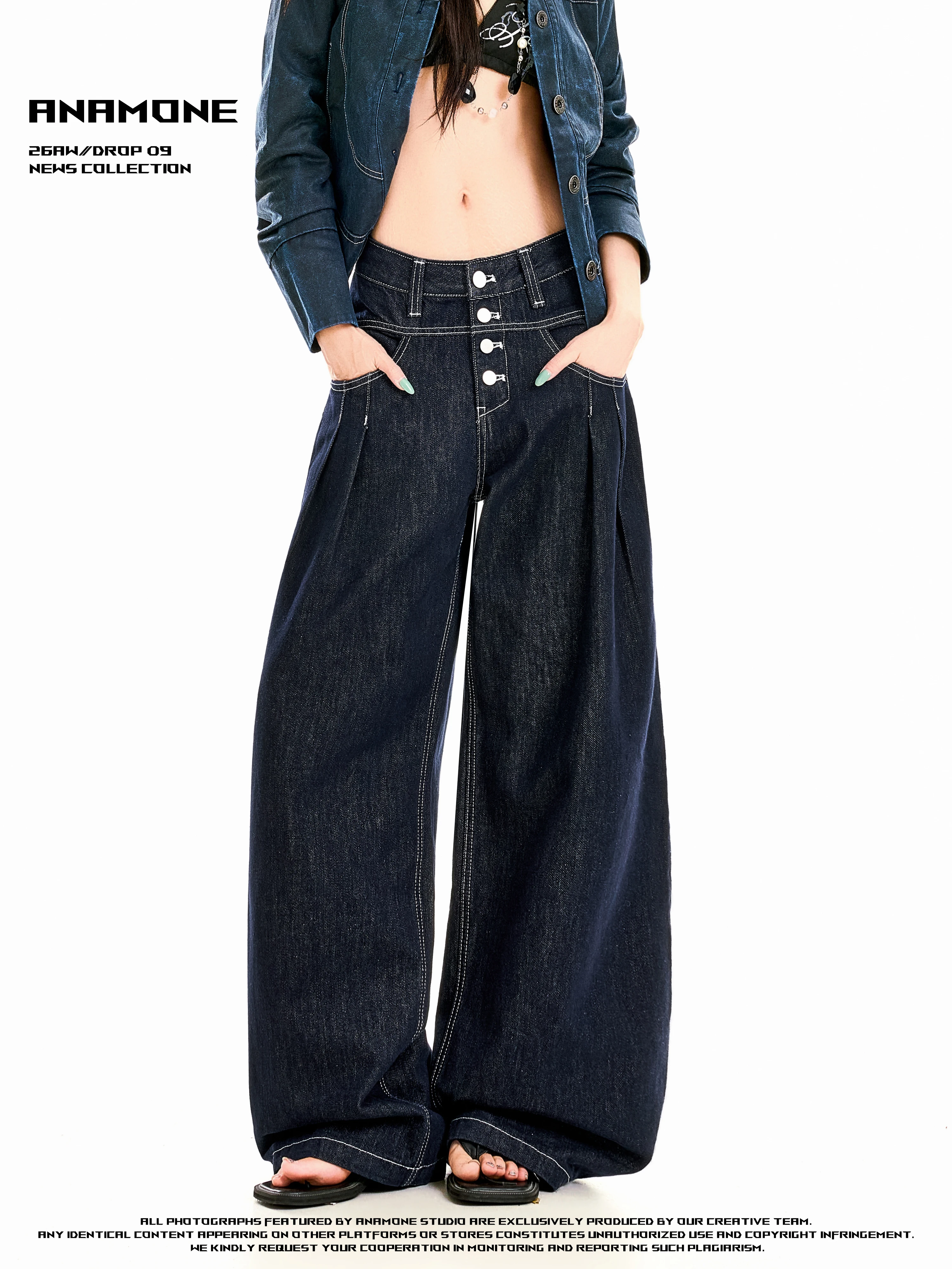 ANAMONE American Style Four Button Pleated Denim Pants Women's Loose Wide Leg Floor-Length Jeans Original Blue Casual High Waist