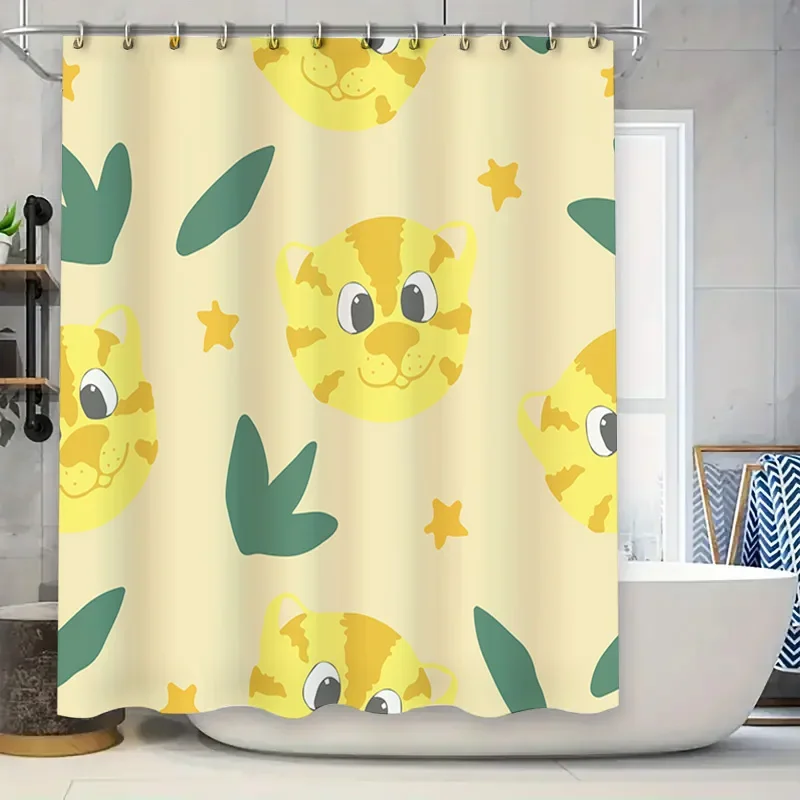 

Adorable Cartoon Animal Print Shower Curtain Waterproof Fabric Home Decor Bathroom Decoration Set Yellow Tiger