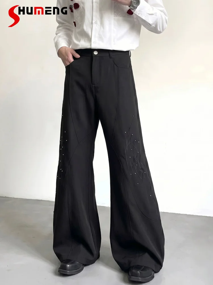 Fashion Curved Pants Men's 2026 Summer New Stylish Embroidered Rivet Design Pants Male Zipper Comfort Loose Handsome Trousers