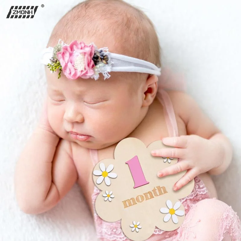 

[H]Wooden Baby Monthly Milestone Cards Flowers Double Sides Number Month Girls Boys Newborn Photography Props Accessories