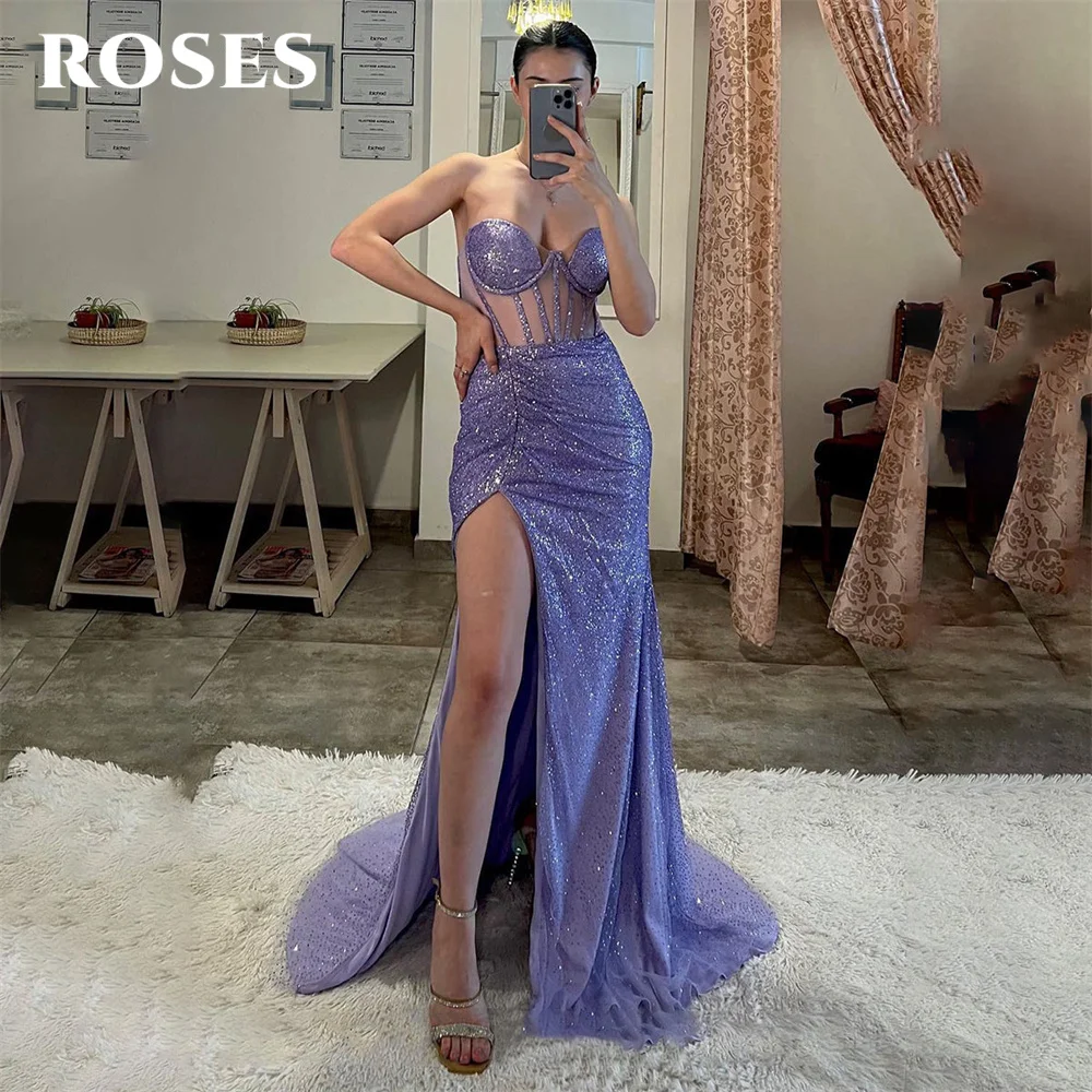 Rosen lila Pailletten elegant sexy Hochzeits feier Kleid ärmellose Promi Kleid Schatz besonderen Anlass Kleid Roben du Soir