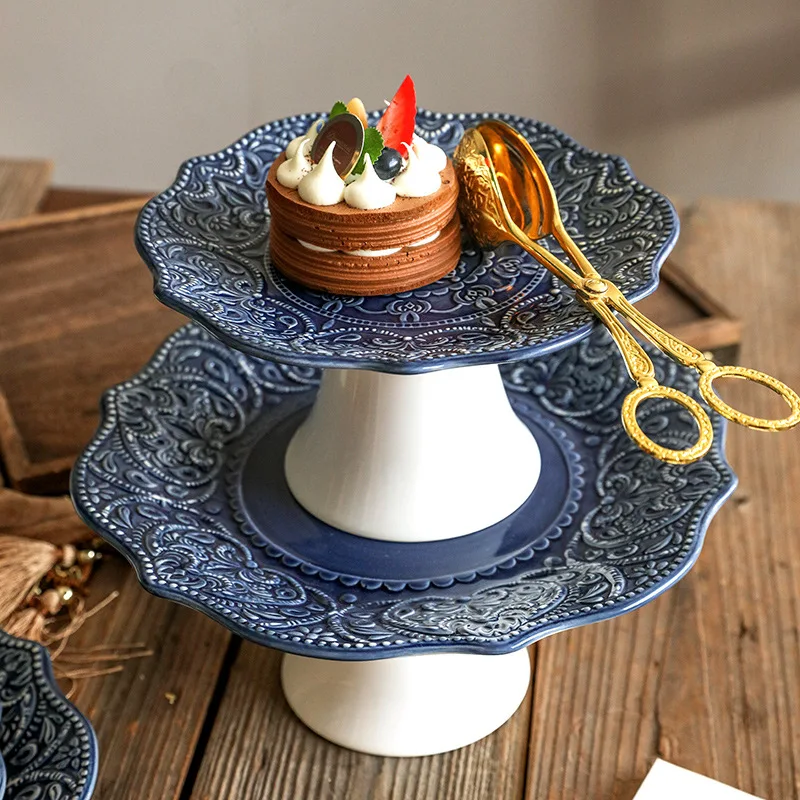 

PYH ceramic retro tall cake tray household fruit dessert tray afternoon tea dessert table ornament