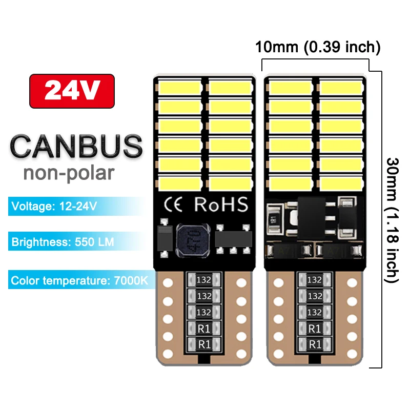 10 PCS  T10 W5W 194 LED Signal Light Canbus 12V 24V 7000K White 4014 SMD Car Interior Dome Door Maps Trunk License Plate Lamps