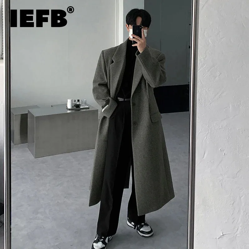 IEFB Korean Style Men\'s Woollen Coats Single Breasted Solid Color Overknee Thickened Male Windbreakers Autumn Tide 2024 9C7831