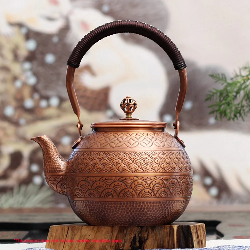 Traditional red copper teapot, Hand carved patterns, Household boiling water kettle for brewing tea, Health copper tea pot 1.2L
