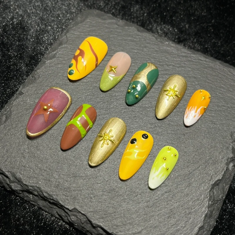 10 قطعة اللوز البرتقالي النابض بالحياة اليدوية الصحافة على الأظافر لامعة الذهبي ستار الأخضر المشارب الفرنسية الأظافر وهمية للفتيات الساخن الرجعية الأظافر
