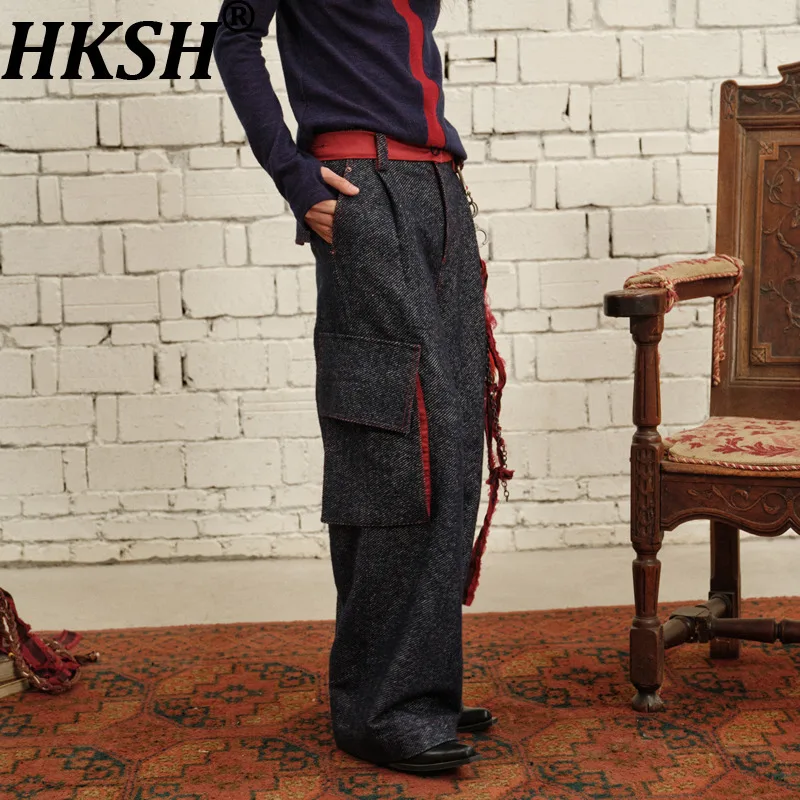 HKSH 2026 Pring Autumn New Men Tide Dark Niche Design Denim Texture Wool Safari Style Cargo Pants Wide-Leg Overalls Chic HK20346