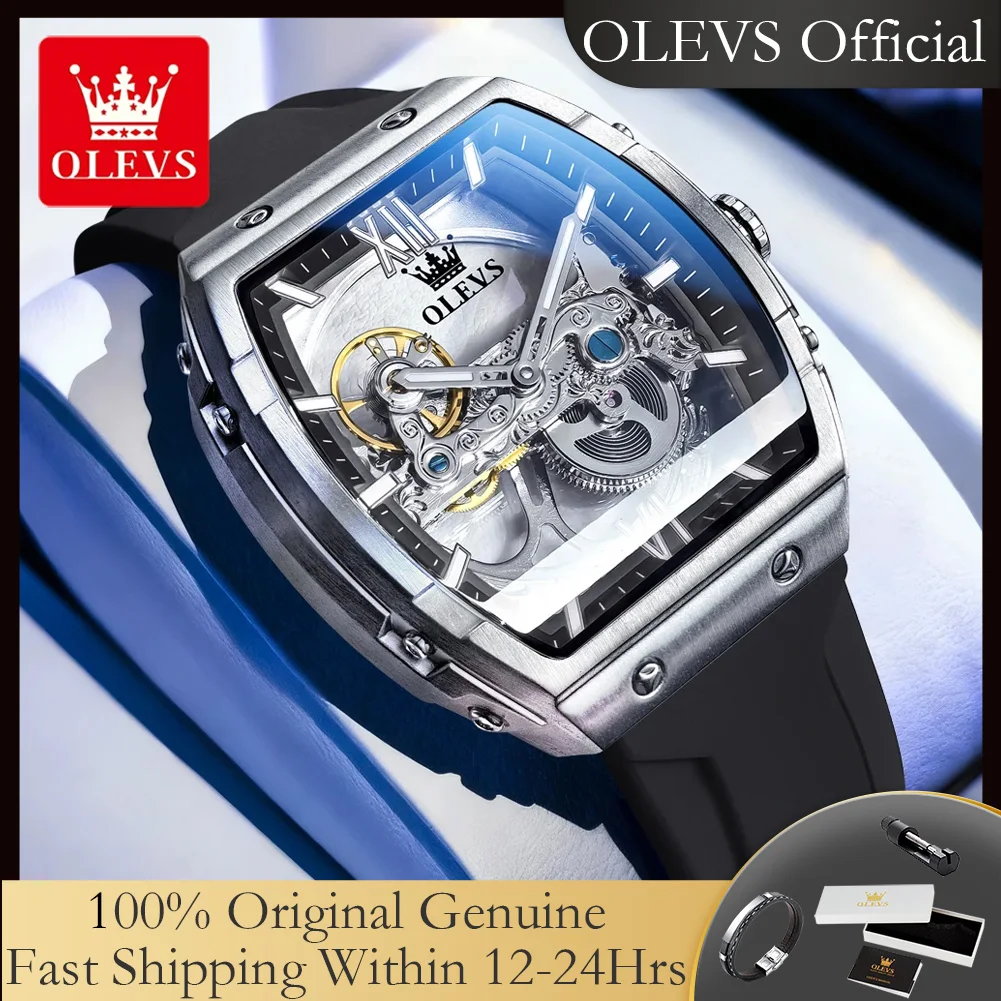 

OLEVS 6779, прозрачные полые автоматические механические мужские часы, модный силиконовый ремешок, водонепроницаемые светящиеся роскошные мужские часы, новые