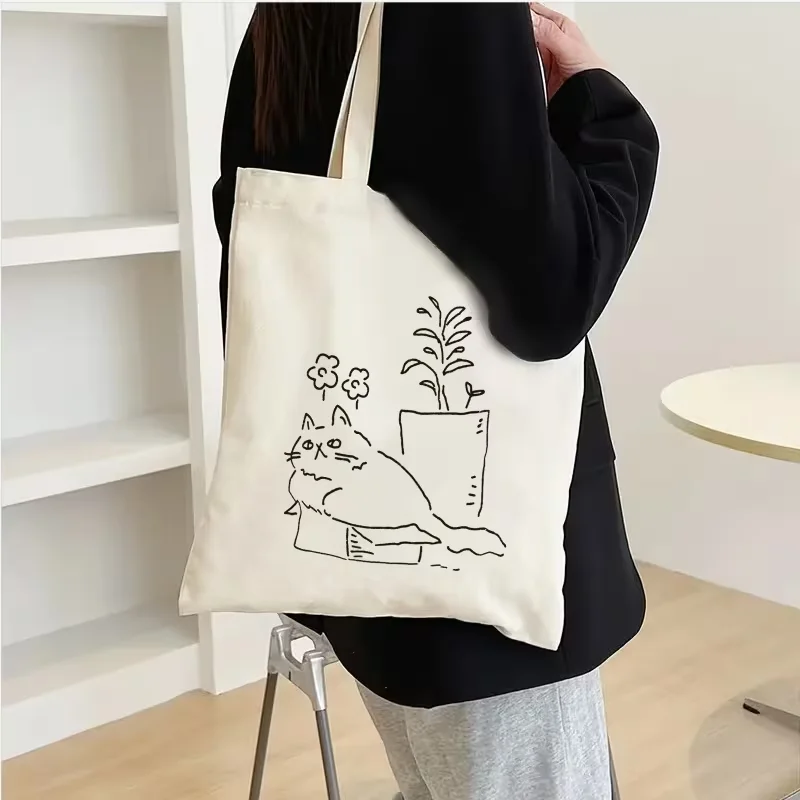 Cat Mom Rock Hand Gesture Line Art Canvas Tote Bag Cat Lover Reusable Shoulder Handbag Lightweight For Daily Casual