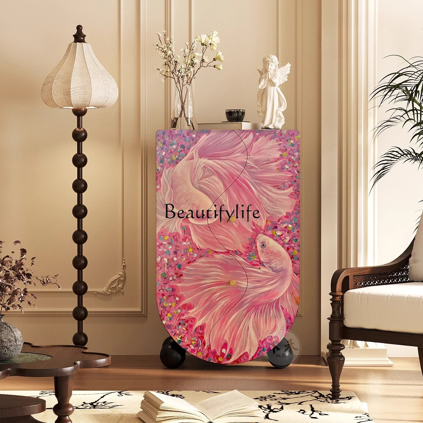 

LJYDouble koi to good luck pink niche high-end solid wood bucket cabinet against the wall vertical cabinet