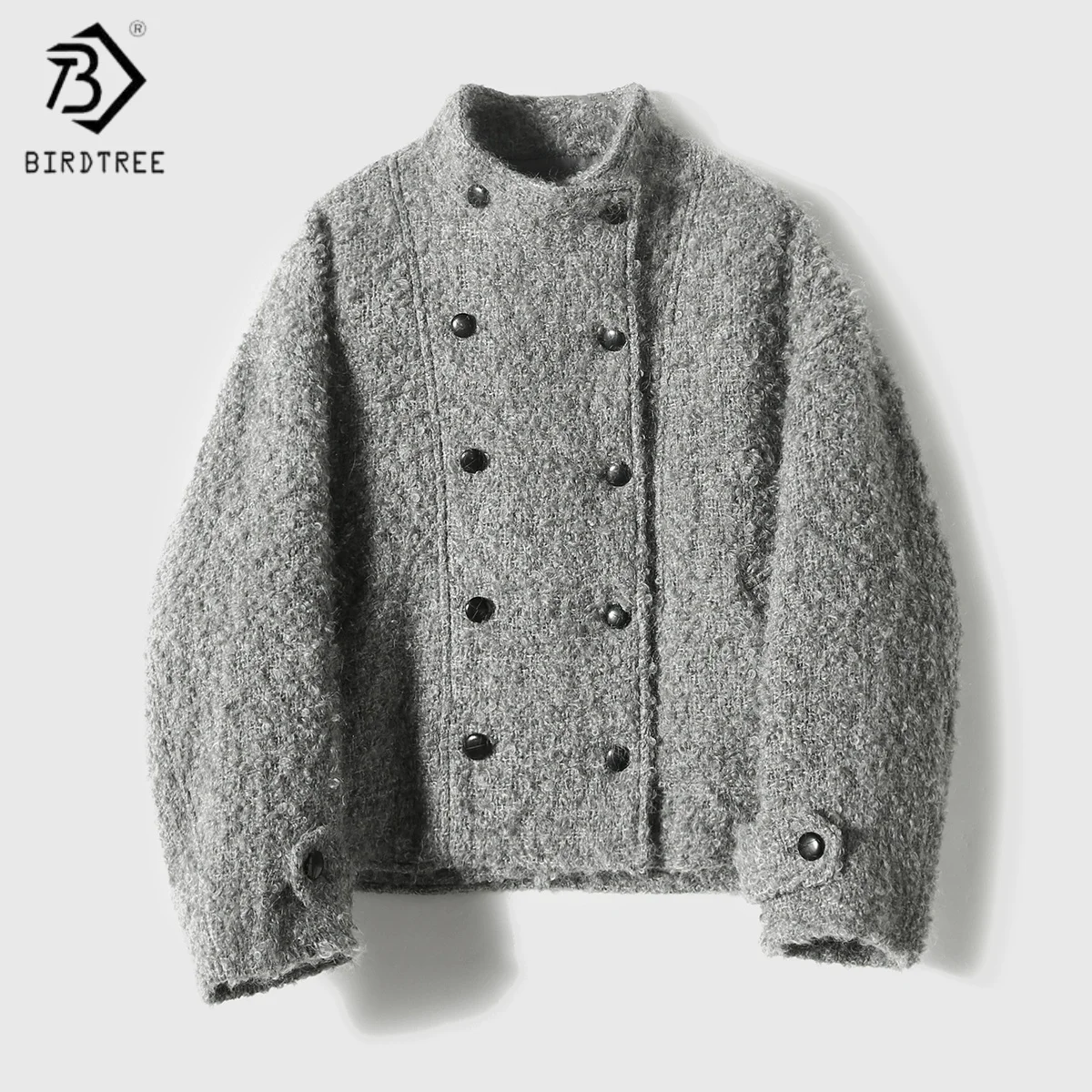 Birdtree,49.8% Mohair 38.7% Sheep Wool Coat,Women Lapel Warmth Jackets,Double-breasted,2025 Autumn Winter Short Overcoat T5N819J