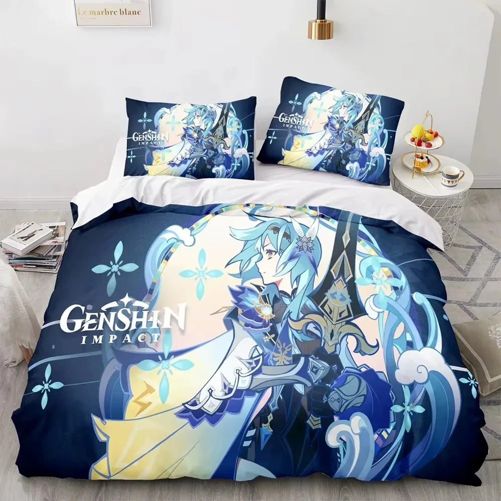 

Gaming Genshin Impact Eula Bedding Set Anime 3D Boys Teens Duvet Cover Set Soft Bed Linen Queen King Single Size Bedroom Decor