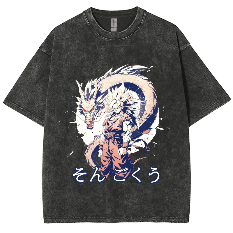 

Japanese Anime Cartoon Dragon Print Women T-Shirt Pure Cotton Comfortable High Quality Short Sleeve Crew Neck Washed Unisex Top