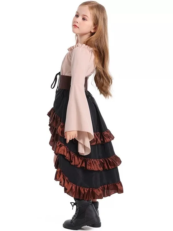 loween Costume da regina pirata medievale Gilet irregolare Gonna lunga Abito cosplay per bambini adulti Fibra di poliestere
