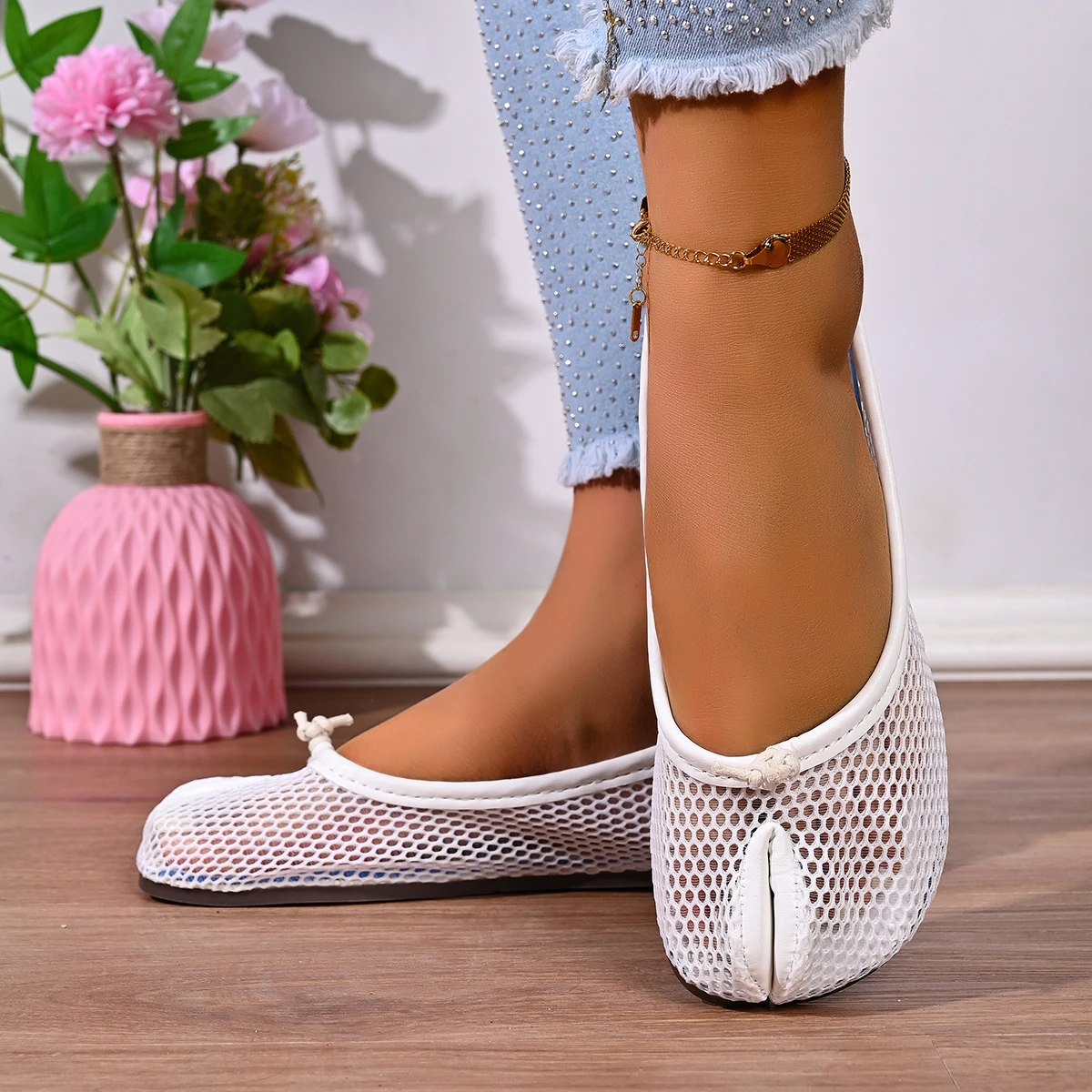Mesh-Ballerinas mit geteilter Zehenpartie für Damen, atmungsaktive Slip-On-Freizeitschuhe, Allround-Büroschuhe für den Alltag